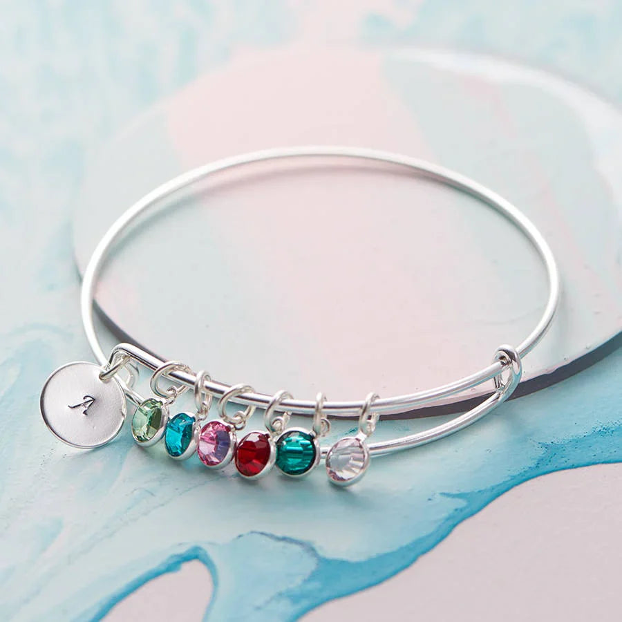 Family Name Birthstone Bangle – Adjustable Stainless Steel with Initial & Swarovski Drops