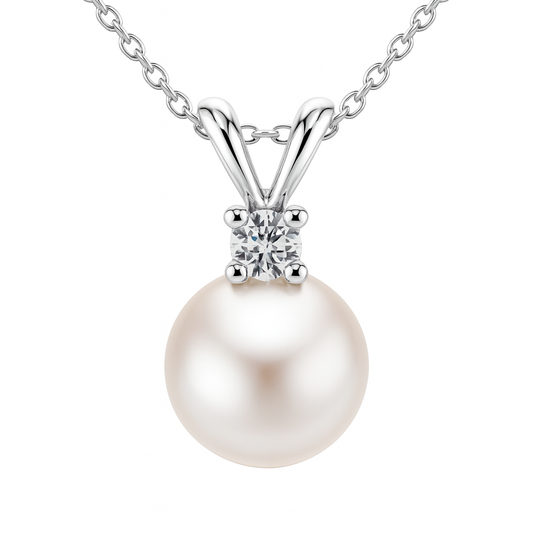 14K White Gold Akoya Pearl 7-8mm Diamond Rabbit Ear Pendant, 0.05ct