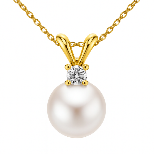 14K Yellow Gold Akoya Pearl 7-8mm Diamond Rabbit Ear Pendant, 0.05ct