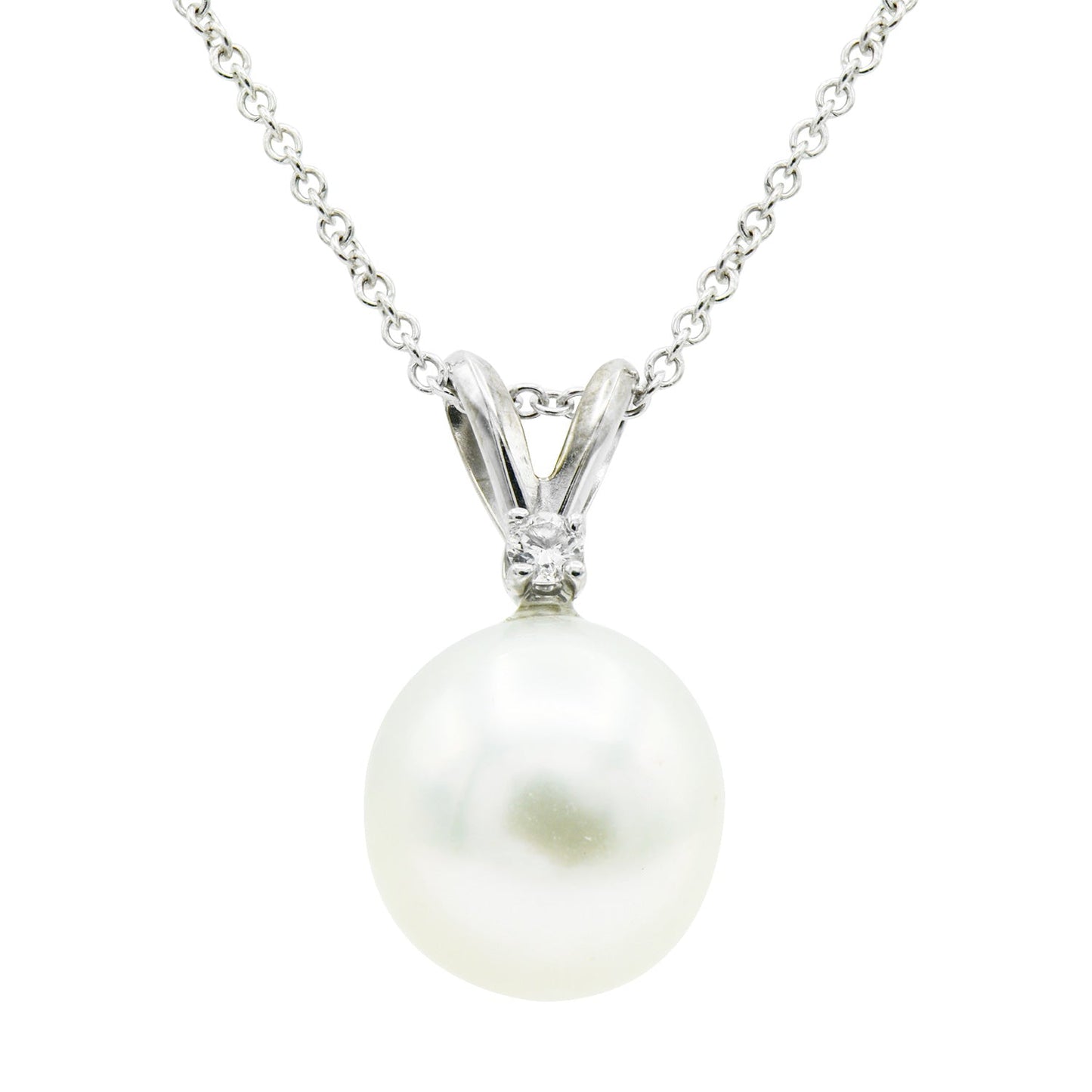 14K White Gold White South Sea Pearl Pendant, 9-10mm, 0.05ct