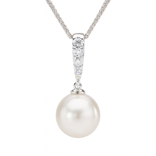 14K White Gold Freshwater Pearl Pendant, 10-11mm, 0.15ct