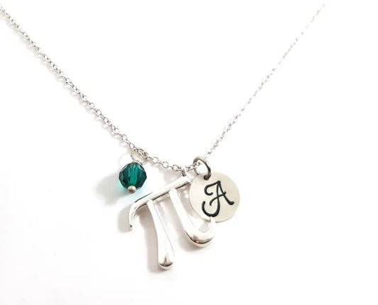 Personalized Pi Necklace – Sterling Silver Math Charm with Birthstone & Initial