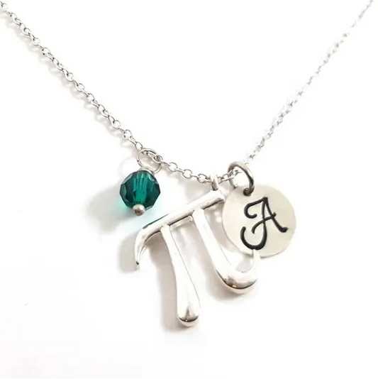 Personalized Pi Necklace – Sterling Silver Math Charm with Birthstone & Initial