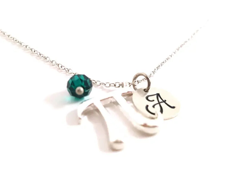 Personalized Pi Necklace – Sterling Silver Math Charm with Birthstone & Initial