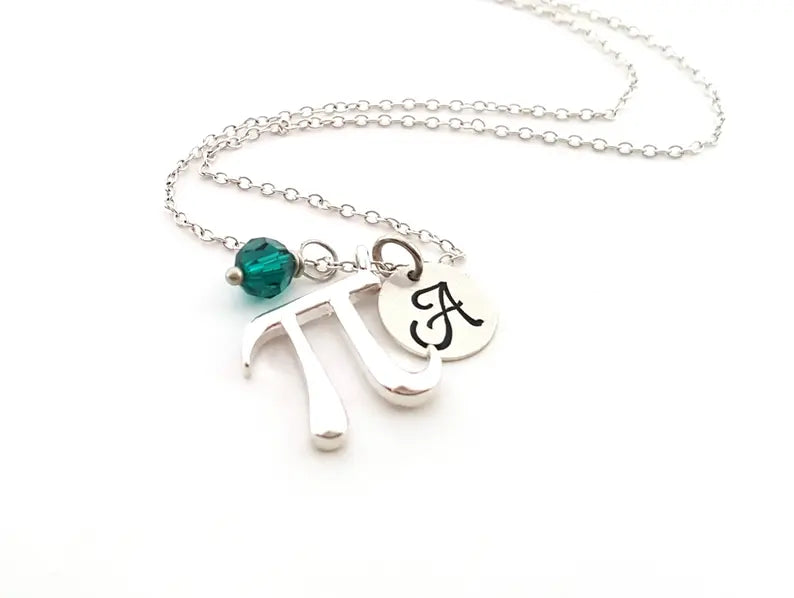 Personalized Pi Necklace – Sterling Silver Math Charm with Birthstone & Initial