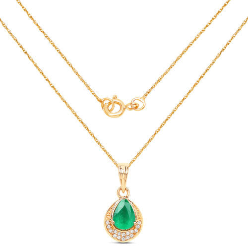 0.89 Carat Genuine Zambian Emerald and White Diamond 14K Yellow Gold Pendant
