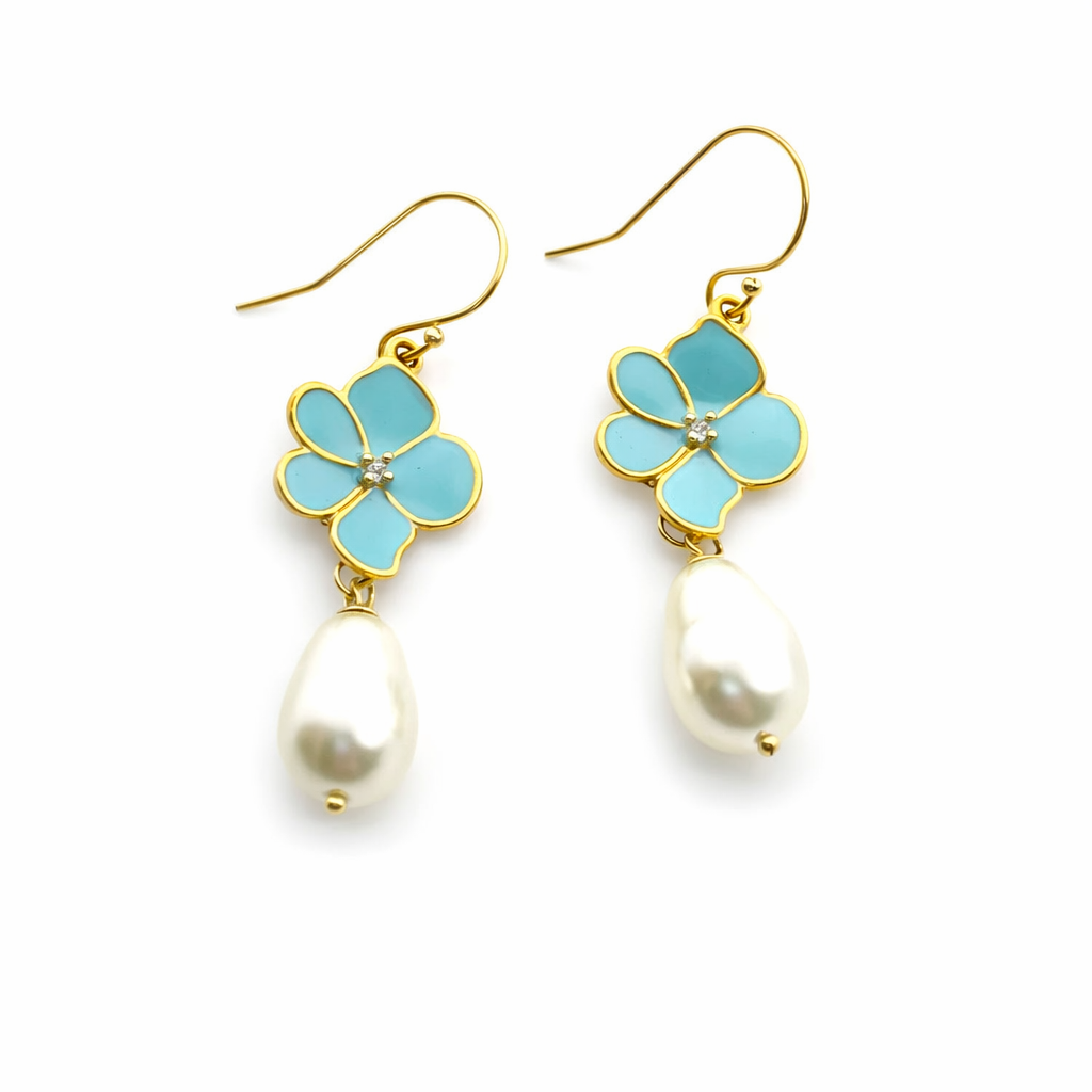 Aqua Flower & Pearl Earrings – 14K Gold Filled