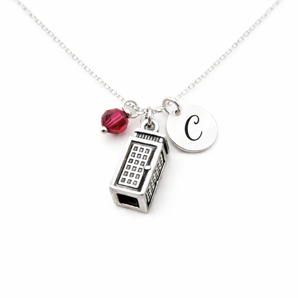 Police Box - Phone Booth Necklace – Sterling Silver with Birthstone & Initial Charm