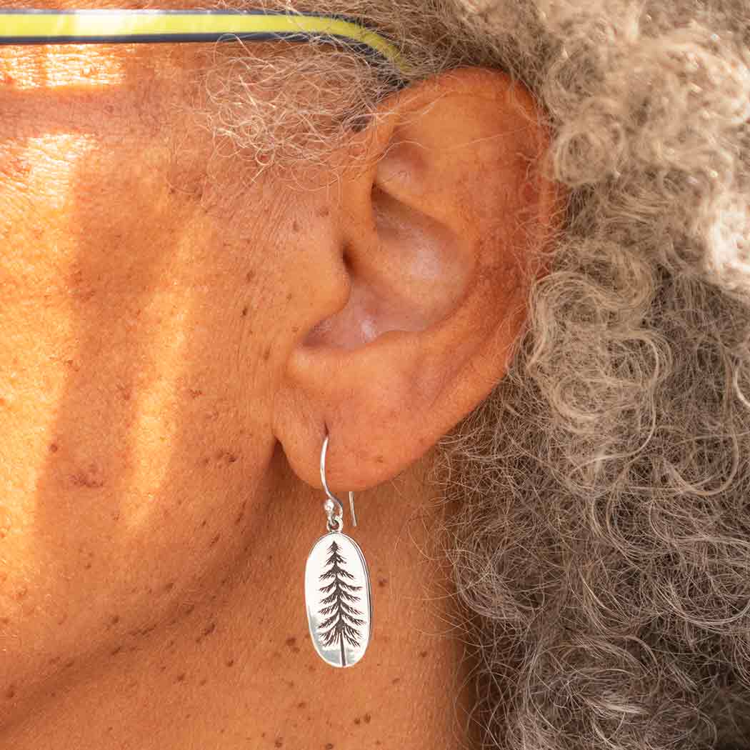 Sterling Silver Oval Pine Tree Dangle Earrings 34x10mm