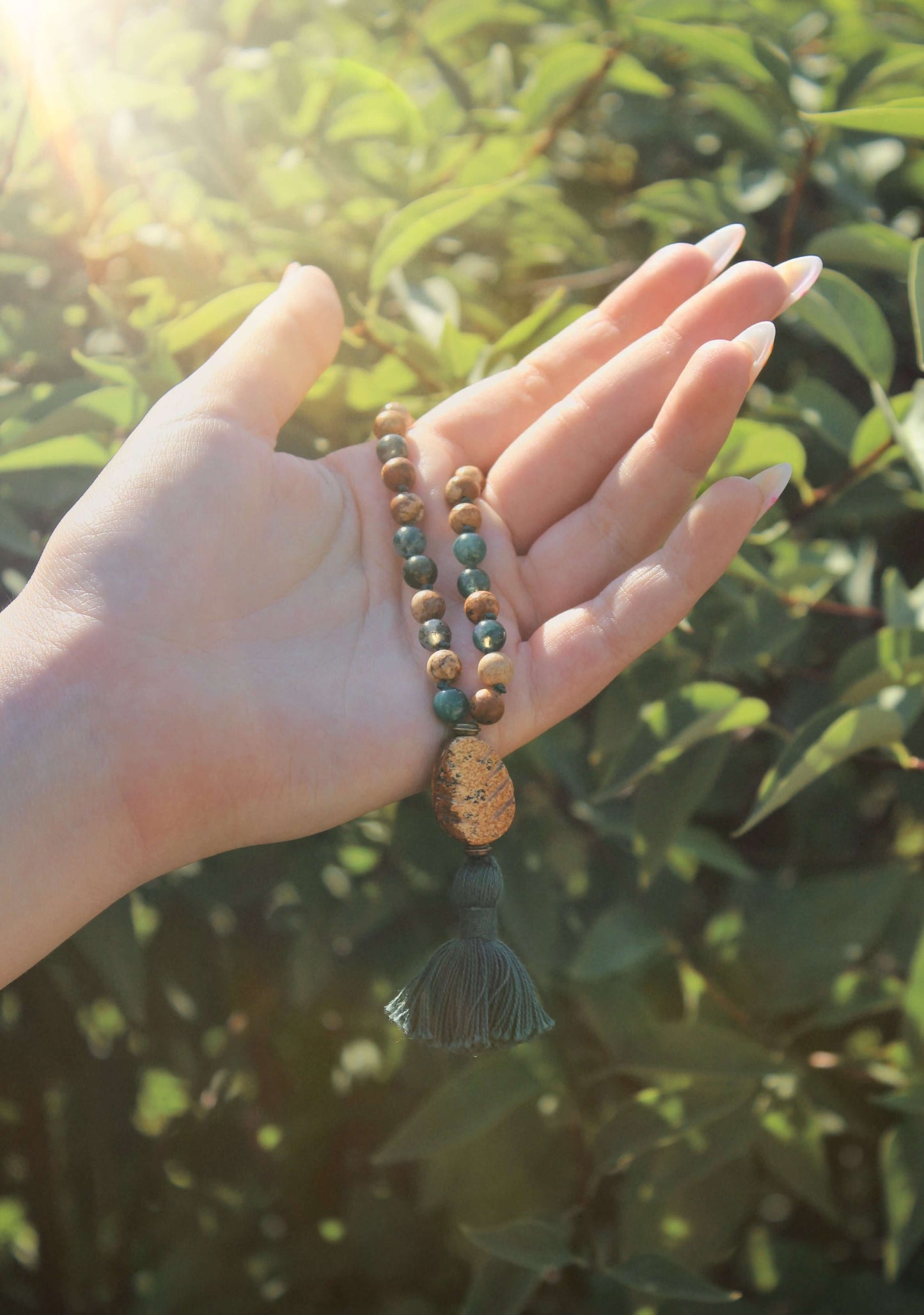 Pine Tree Meditation Mala – 27 Beads of Picture Jasper & Moss Agate