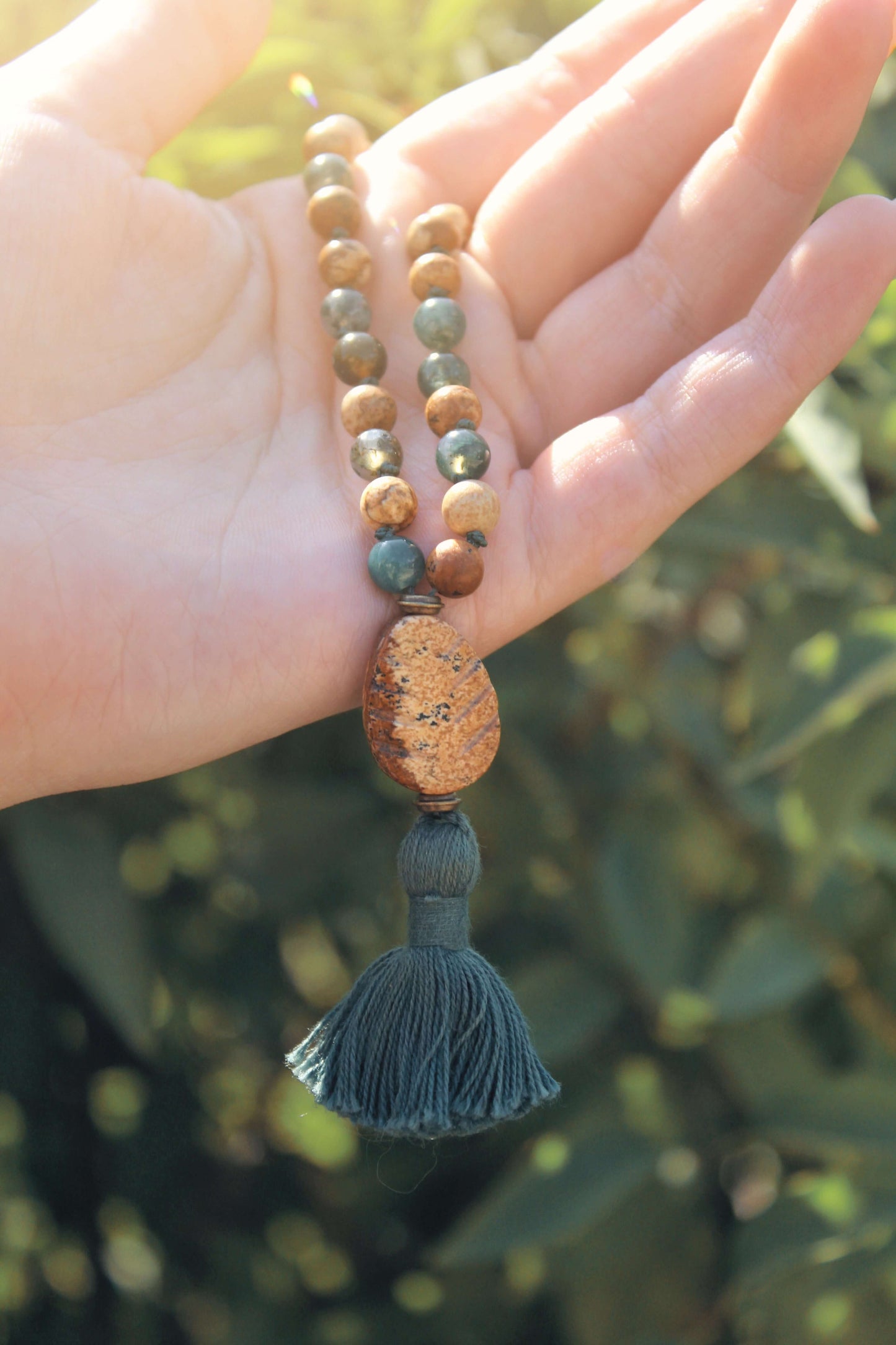 Pine Tree Meditation Mala – 27 Beads of Picture Jasper & Moss Agate