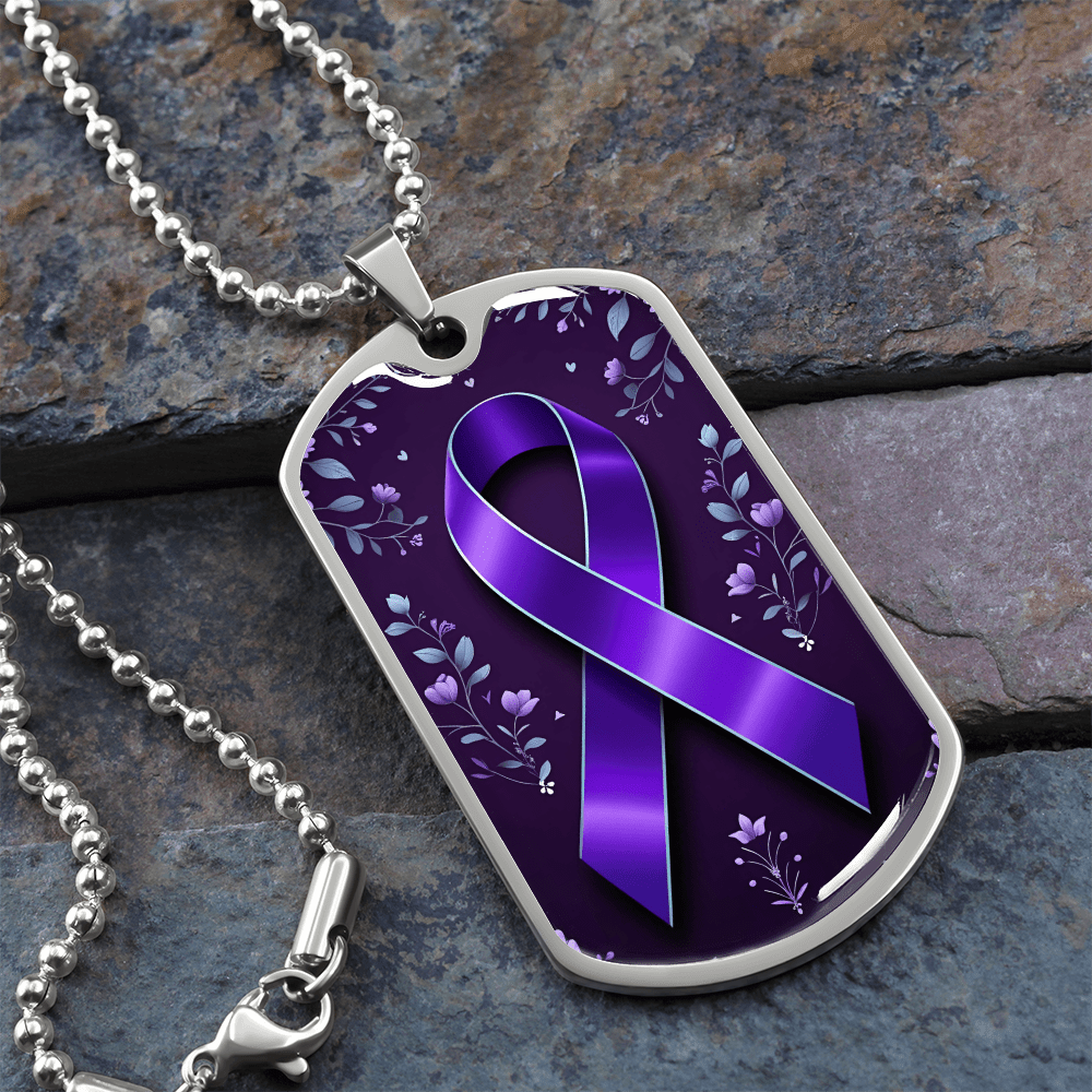 Purple Ribbon on Flowery Background Necklace