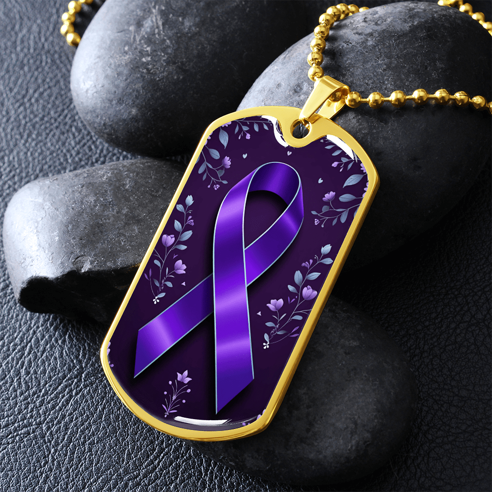 Purple Ribbon on Flowery Background Necklace