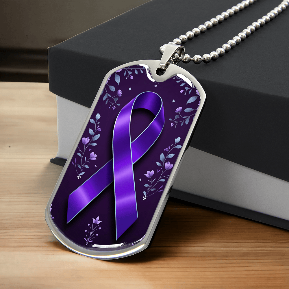 Purple Ribbon on Flowery Background Necklace