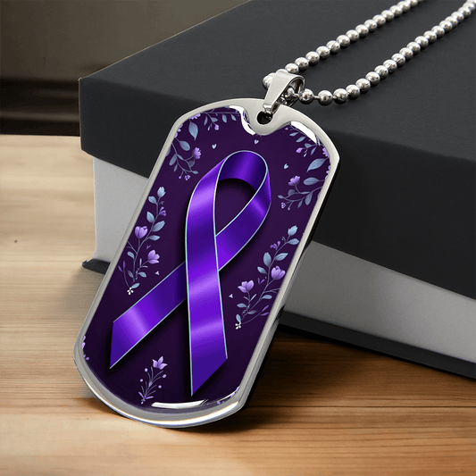 Purple Ribbon on Flowery Background Necklace