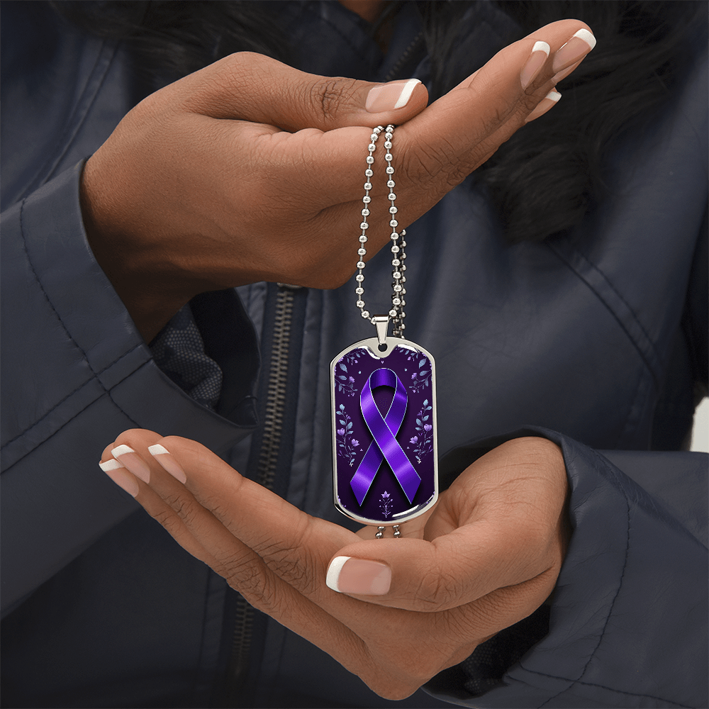 Purple Ribbon on Flowery Background Necklace