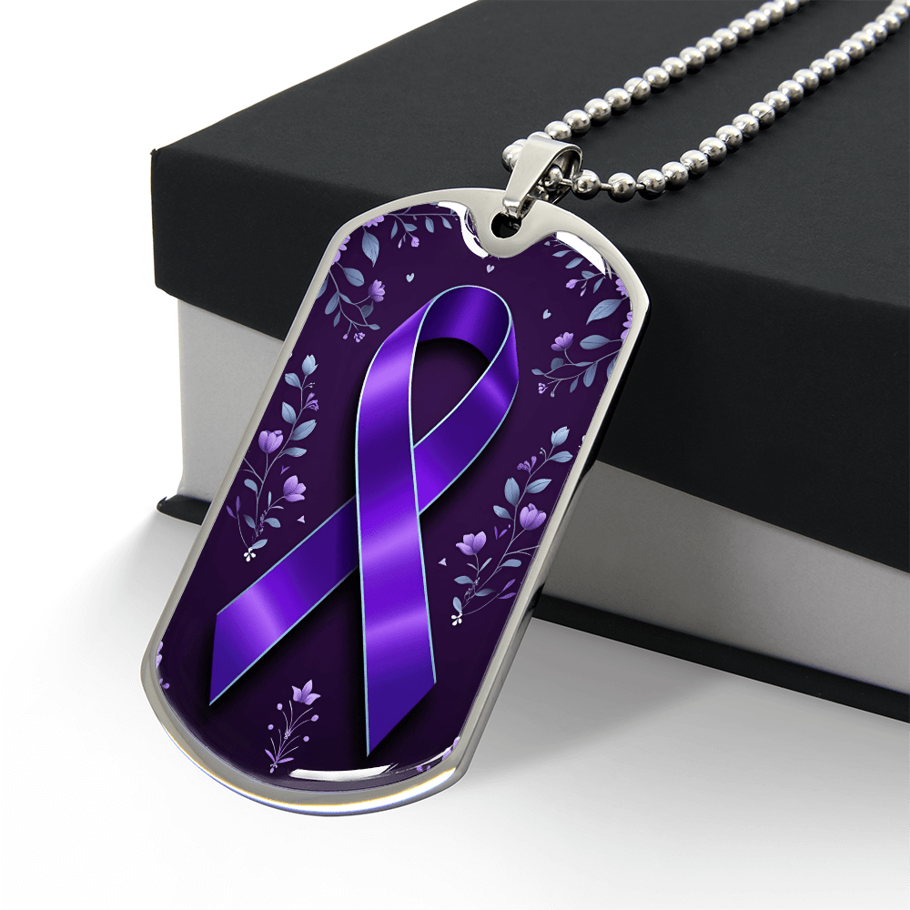 Purple Ribbon on Flowery Background Necklace