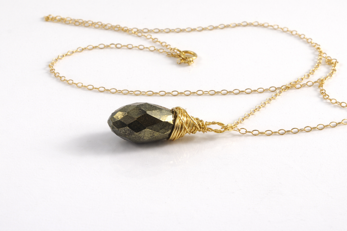 Pyrite Briolette Necklace – Hand Wire Wrapped – 14k Gold Filled – 16” Chain