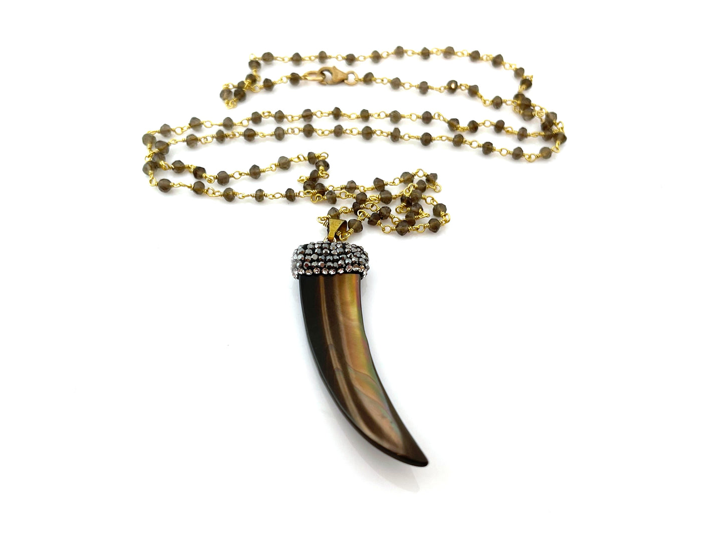 Brown Shell Pave Horn Smoky Quartz Long Rosary Chain Necklace