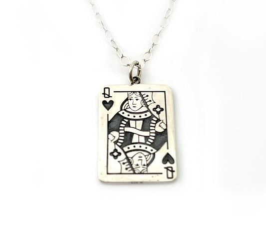 Queen of Hearts Sterling Silver Necklace – Playing Card Pendant on 18" Chain