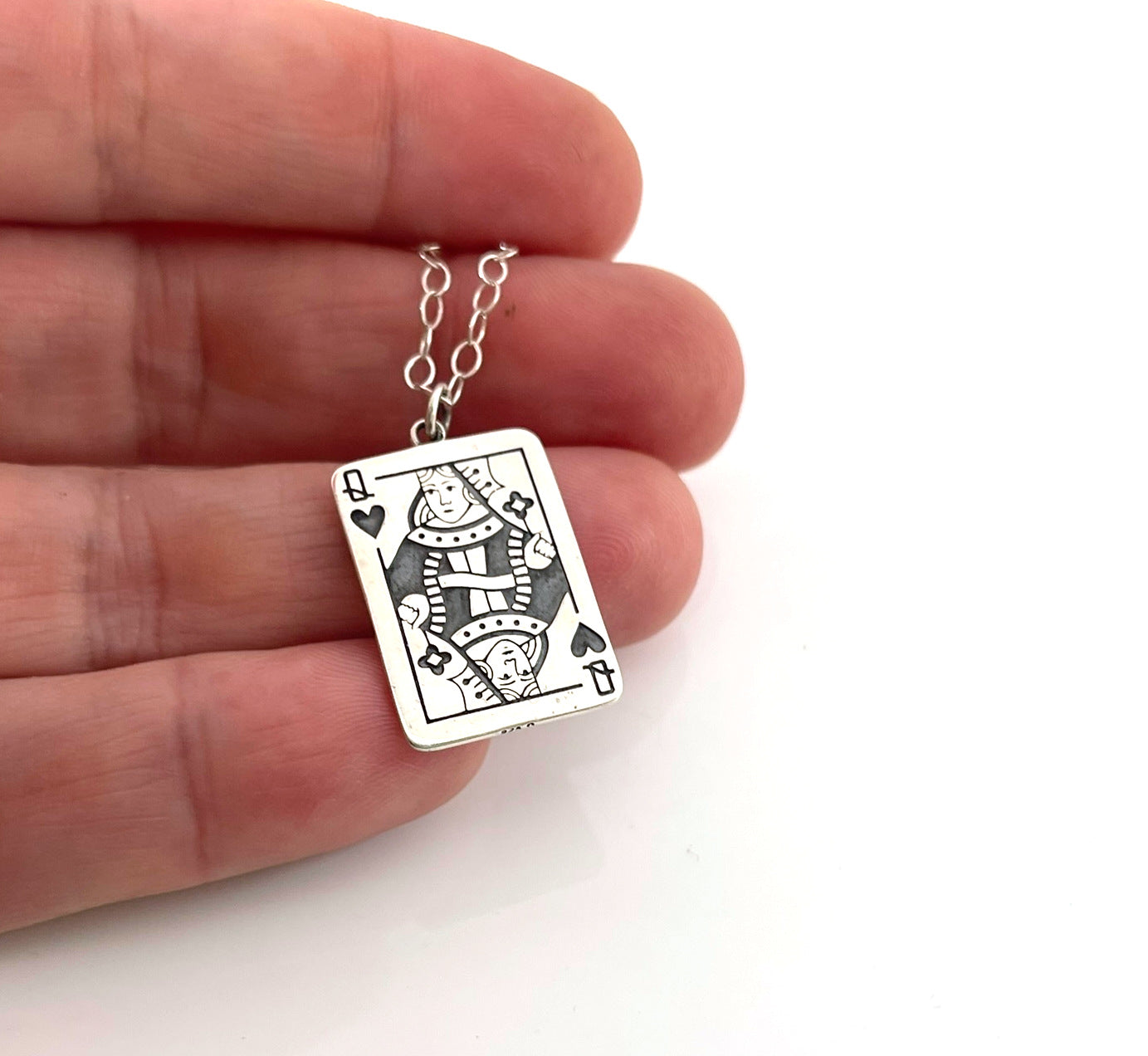 Queen of Hearts Sterling Silver Necklace – Playing Card Pendant on 18" Chain