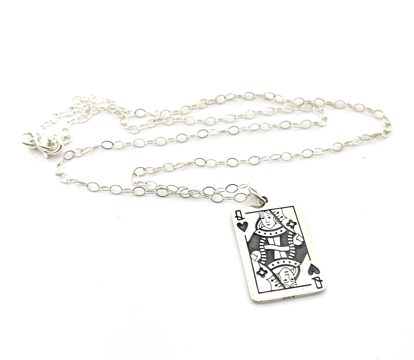 Queen of Hearts Sterling Silver Necklace – Playing Card Pendant on 18" Chain