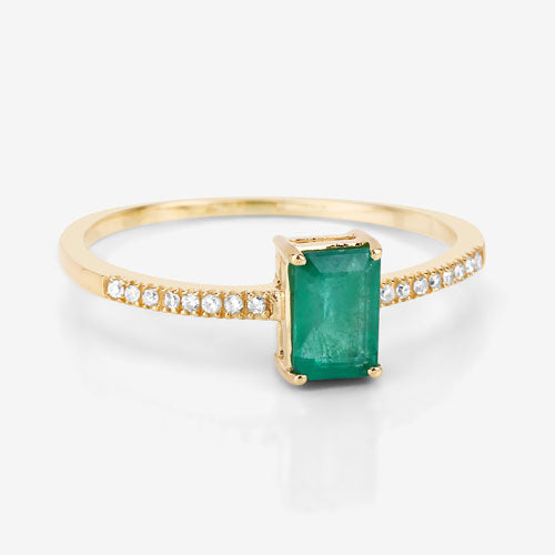 0.59 Carat Genuine Zambian Emerald and White Diamond 14K Yellow Gold Ring
