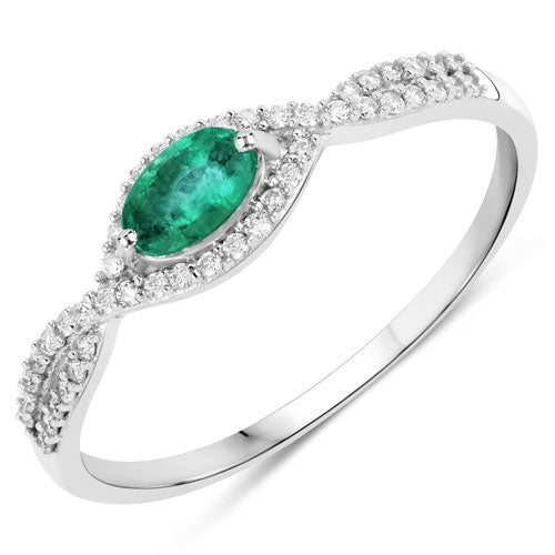 0.32 Carat Genuine Zambian Emerald and White Diamond 14K White Gold Ring