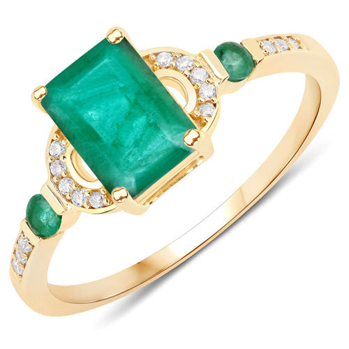 1.07 Carat Genuine Zambian Emerald and White Diamond 14K Yellow Gold Ring