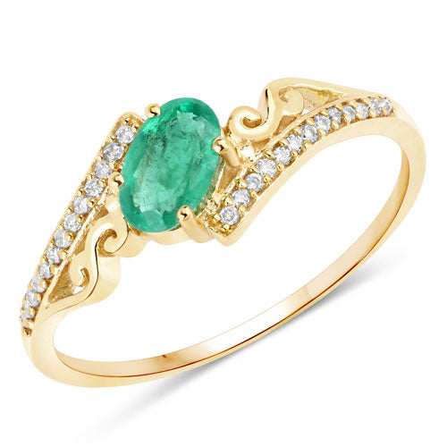 0.51 Carat Genuine Zambian Emerald and White Diamond 14K Yellow Gold Ring