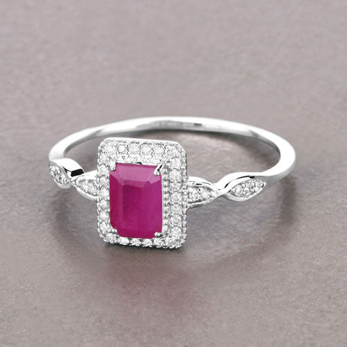 0.75 Carat Genuine Ruby and White Diamond 14K White Gold Ring