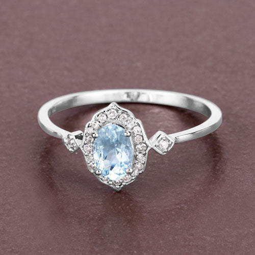 0.48 Carat Genuine Aquamarine and White Diamond 14K White Gold Ring