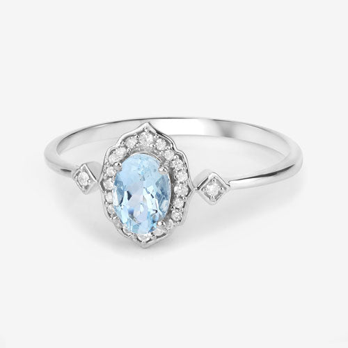 0.48 Carat Genuine Aquamarine and White Diamond 14K White Gold Ring