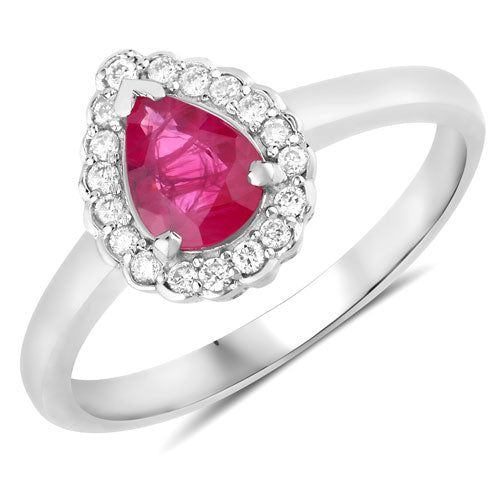 0.94 Carat Genuine Ruby and White Diamond 14K White Gold Ring