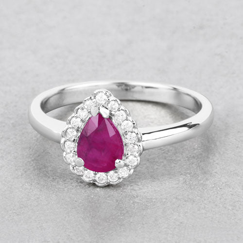 0.94 Carat Genuine Ruby and White Diamond 14K White Gold Ring