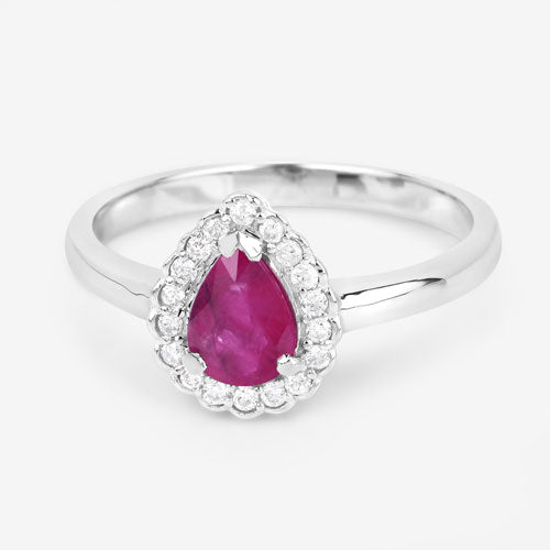 0.94 Carat Genuine Ruby and White Diamond 14K White Gold Ring