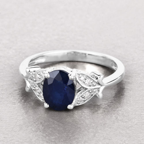 1.62 Carat Genuine Blue Sapphire and White Diamond 14K White Gold Ring