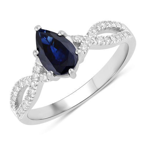 1.14 Carat Genuine Blue Sapphire and White Diamond 14K White Gold Ring