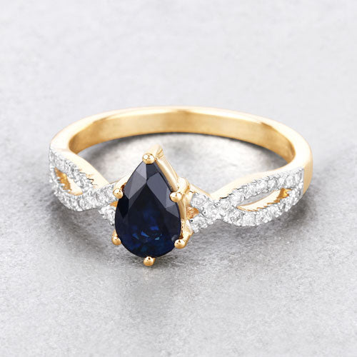 1.14 Carat Genuine Blue Sapphire and White Diamond 14K Yellow Gold Ring