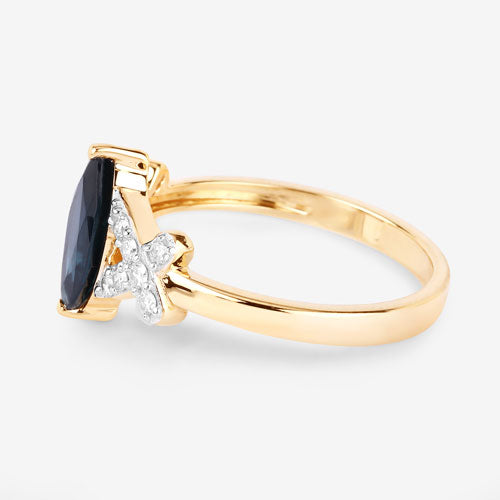 1.50 Carat Genuine Blue Sapphire and White Diamond 14K Yellow Gold Ring