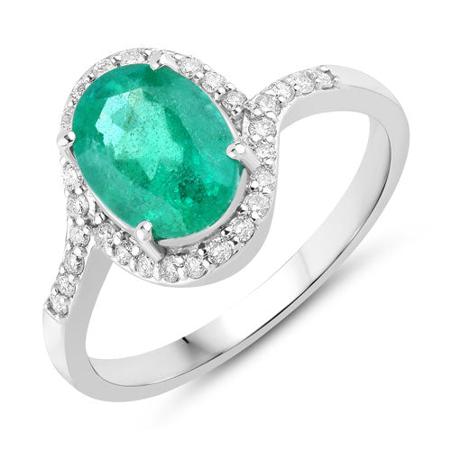 1.92 Carat Genuine Zambian Emerald and White Diamond 14K White Gold Ring