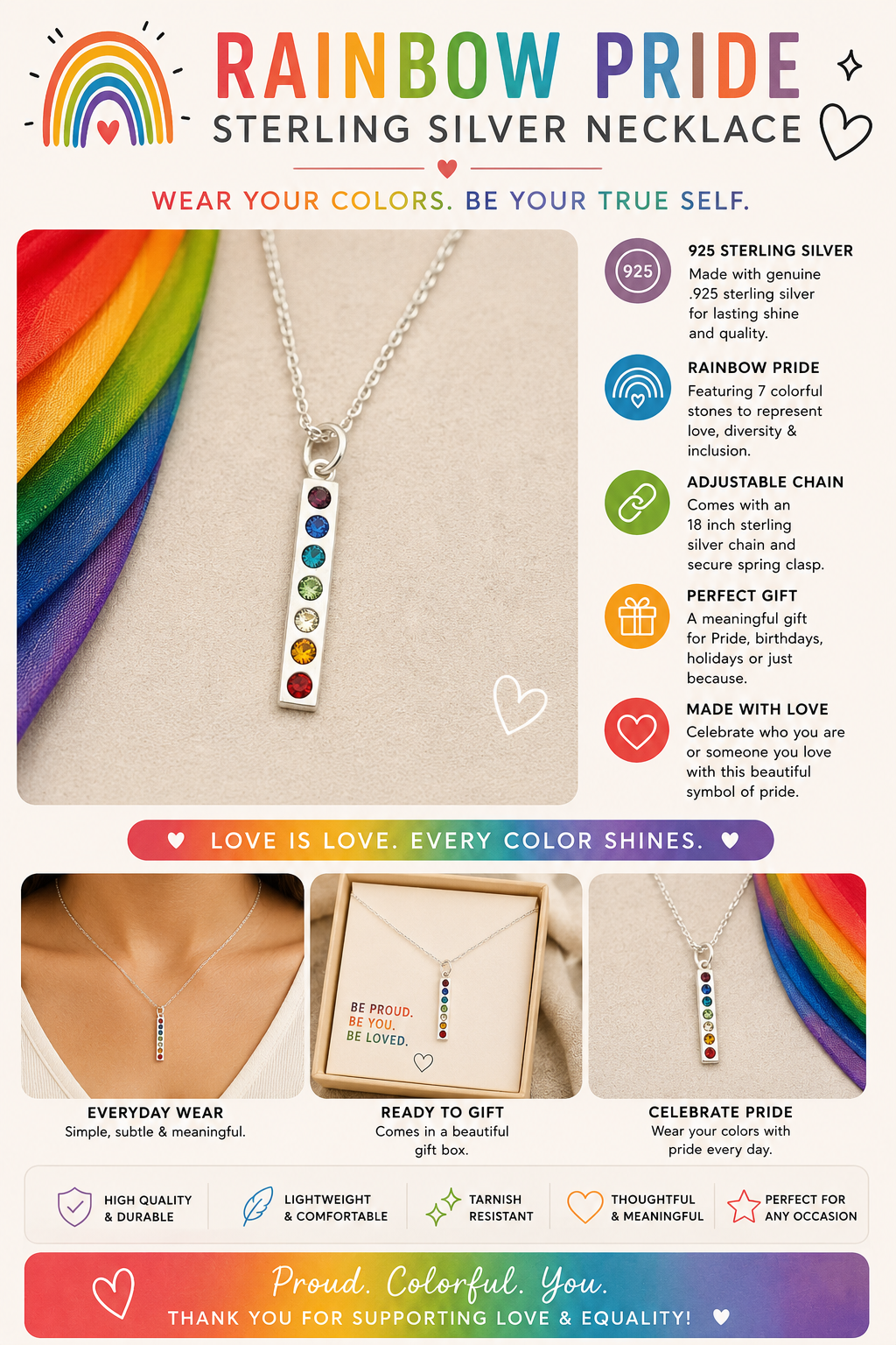 Rainbow Chakra Sterling Silver Charm Necklace