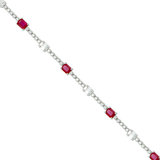 14K White Gold Emerald Cut Rubys with Illusion Emeralds Tennis Bracelet, 2.61ct