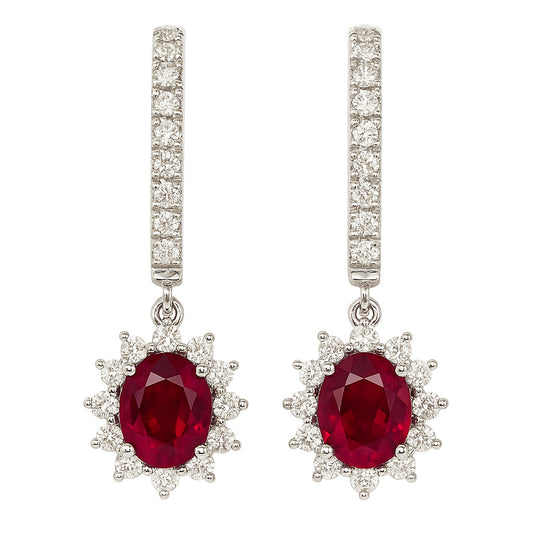 Handmade 18K White Gold Ruby Halo Earrings, 2.19ct