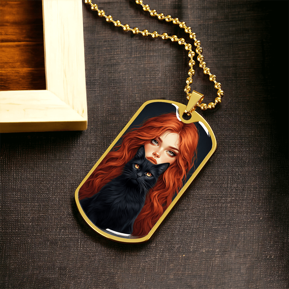 Red Haired Cat Lady Necklace - Unique Dog Tag Jewelry for Cat Lovers