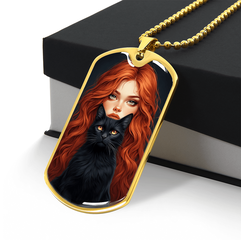 Red Haired Cat Lady Necklace - Unique Dog Tag Jewelry for Cat Lovers