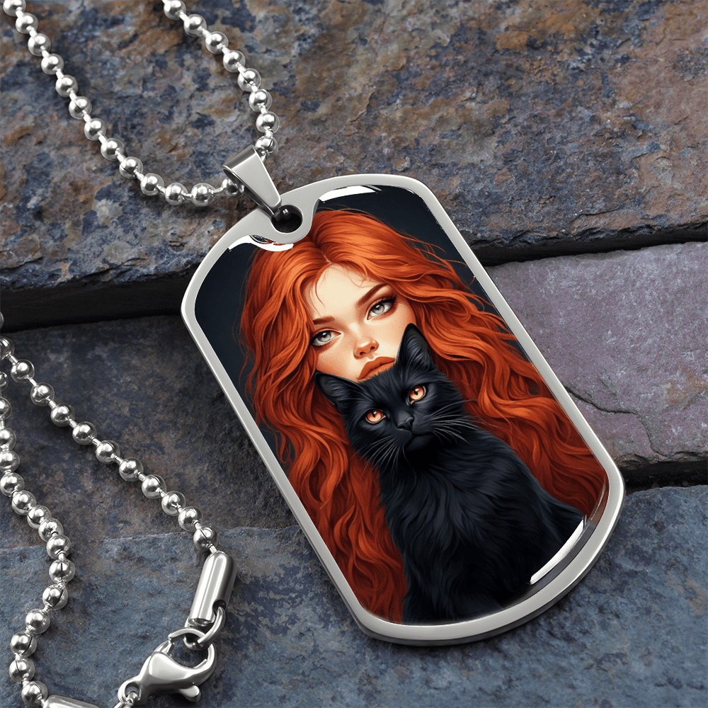 Red Haired Cat Lady Necklace - Unique Dog Tag Jewelry for Cat Lovers