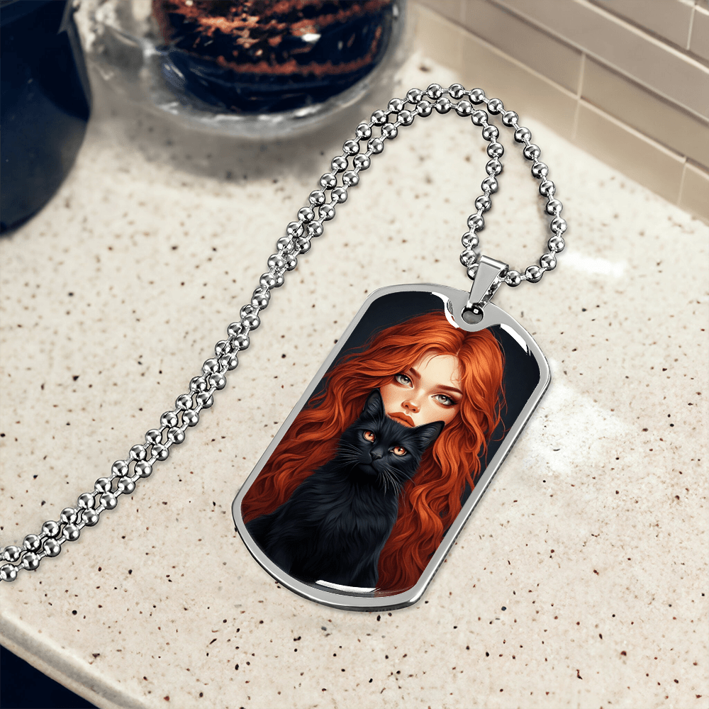 Red Haired Cat Lady Necklace - Unique Dog Tag Jewelry for Cat Lovers