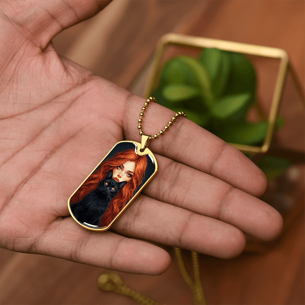 Red Haired Cat Lady Necklace - Unique Dog Tag Jewelry for Cat Lovers