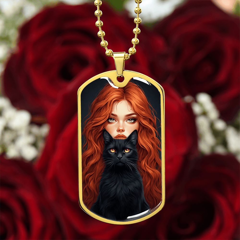 Red Haired Cat Lady Necklace - Unique Dog Tag Jewelry for Cat Lovers